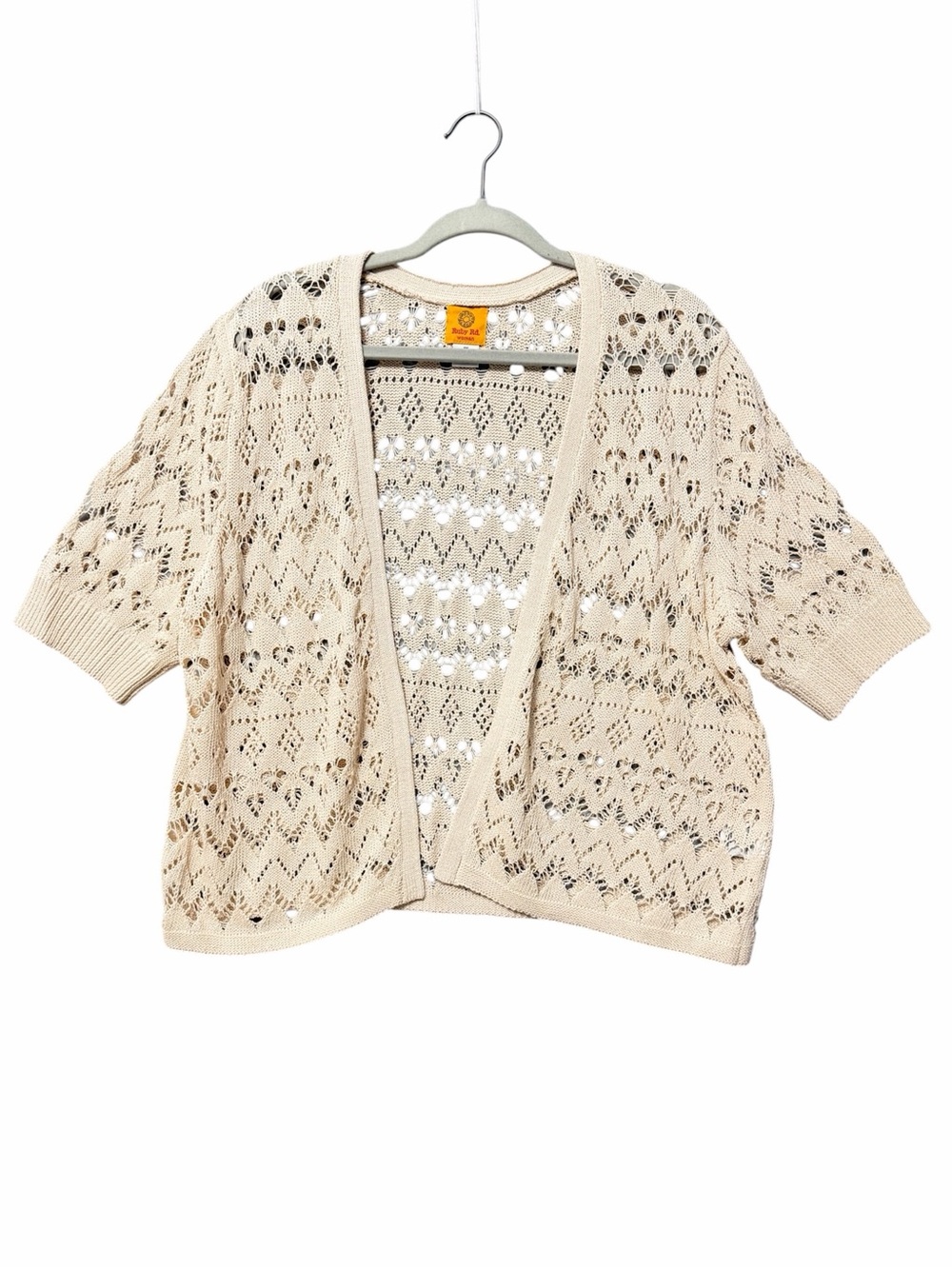 Ruby Rd. Open-Knit Beige Short Sleeve Cardigan Sweater Size 1X Festival Boho